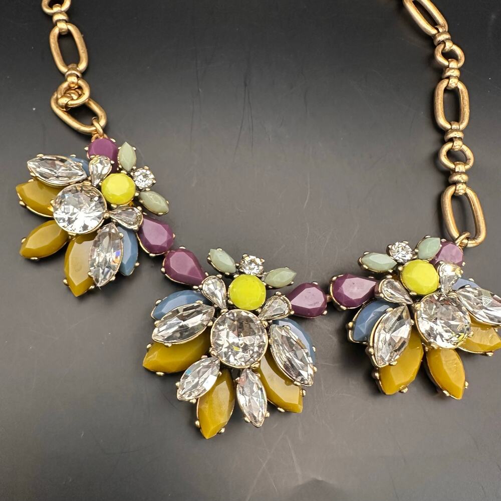 J Crew Statement Necklace Green Purple Gold Rhinestone Chunky Jewelry